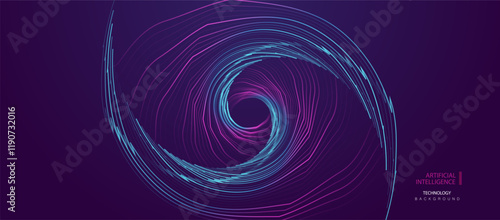 Connecting ai banner background. Futuristic technology circular lines glowing concept. Digital round network vector design. Stream big data internet texture.