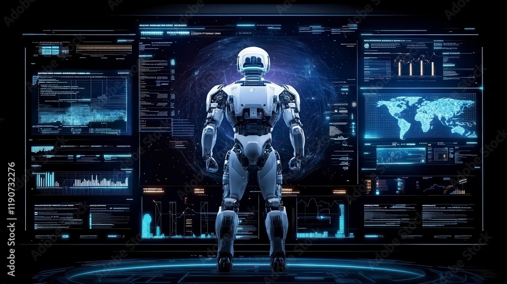 Futuristic Robot Analyzing Global Data on a Giant Screen Futuristic Robot Analyzing Global Data on a Giant Screen