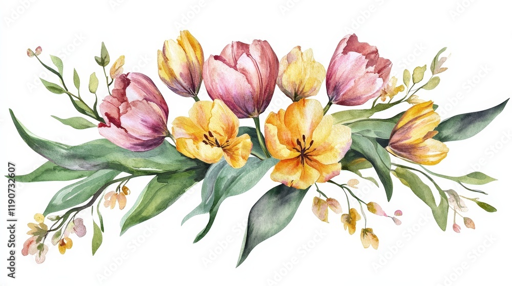 Obraz premium A vibrant watercolor tulip arrangement with soft pinks, yellows, and greens for spring designs