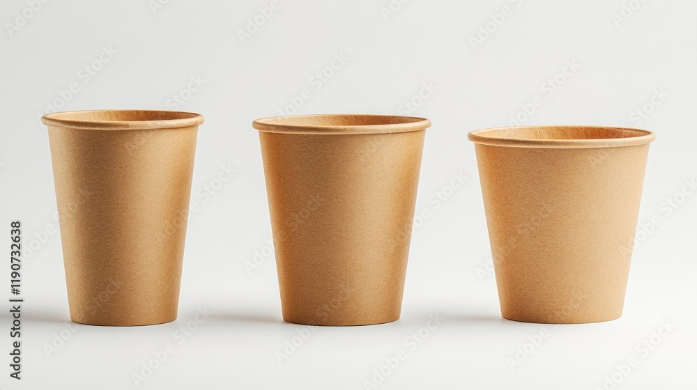 Three empty brown paper cups of different sizes on a white background. Three empty brown paper cups of different sizes on a white background.
