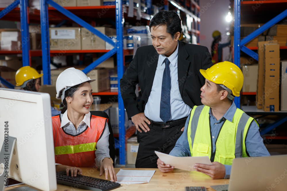 executive senior business manager meeting with asian warehouse worker checking storage inventory with computer and paper in storehouse executive senior business manager meeting with asian warehouse worker checking storage inventory with computer and paper in storehouse