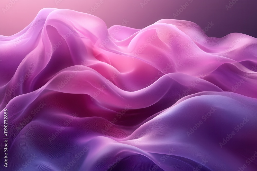 Fototapeta premium Flowing waves of purple fabric create a surreal landscape under soft pink light in an artistic representation