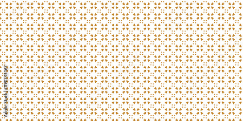 Golden vector seamless pattern with small diamond shapes, floral silhouettes. Simple texture.