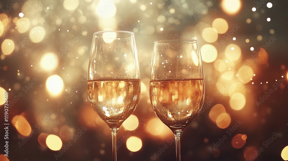 Elegant blurred bokeh lights beside wine glasses creating a romantic atmosphere. Elegant blurred bokeh lights beside wine glasses creating a romantic atmosphere.