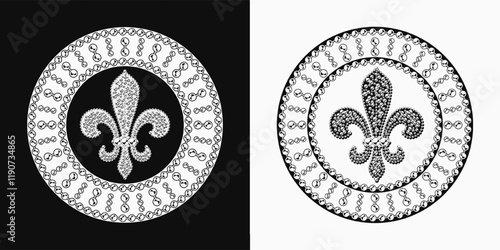 Mardi Gras circular pattern with big Fleur de lis sign, bead strings. Vintage black and white illustration for prints, holiday goods decoration
