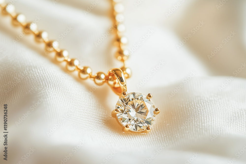 Elegant golden necklace with sparkling diamond pendant on soft fabric Elegant golden necklace with sparkling diamond pendant on soft fabric