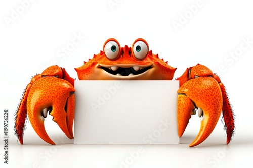 Quirky crab with surprised expression holds blank sign against simple background photo