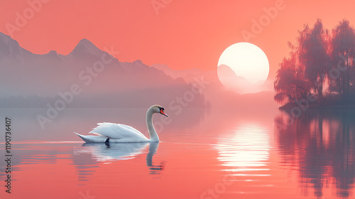 Fototapeta Naklejka Na Ścianę i Meble -  a beautiful adult white Lonely swan swimming in the lake at sunset