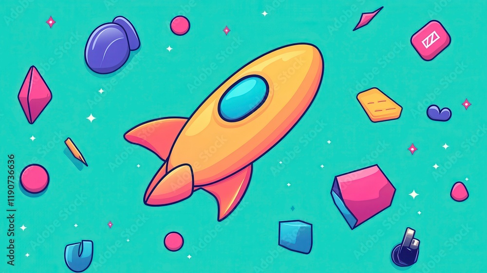 Cartoon Rocket Ship Soaring Through Space with Colorful Objects Startup Concept Illustration Cartoon Rocket Ship Soaring Through Space with Colorful Objects Startup Concept Illustration