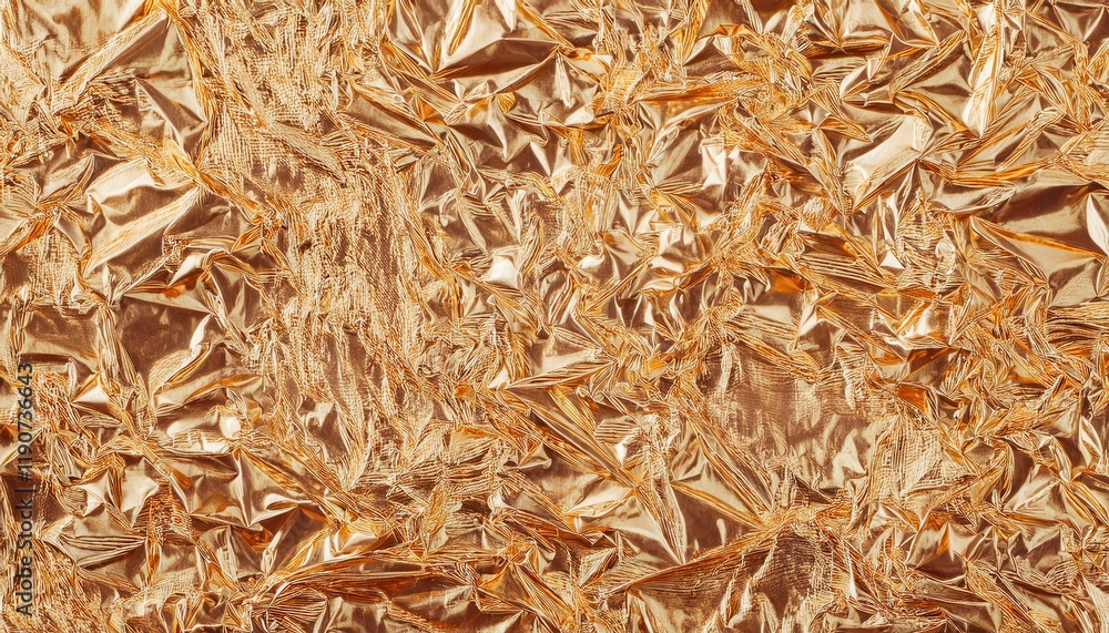 crumpled golden foil texture with shiny metallic surface for luxury packaging, festive background, or graphic design elements