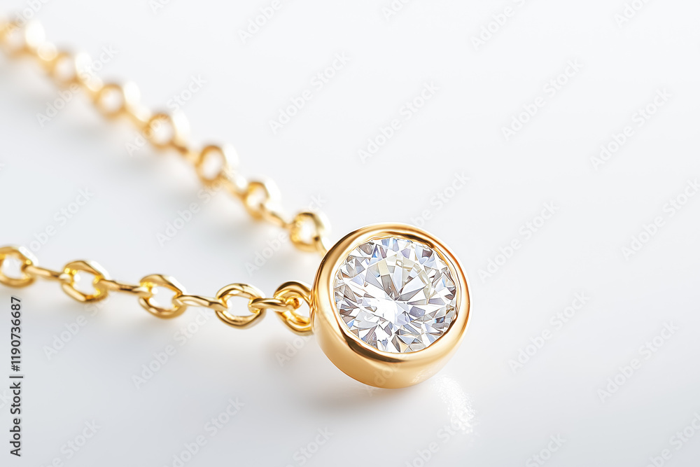 Elegant gold necklace featuring a round diamond pendant on a clean surface Elegant gold necklace featuring a round diamond pendant on a clean surface