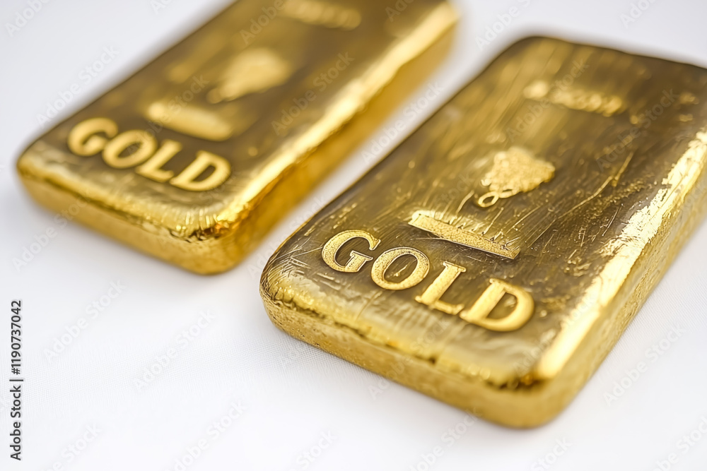 Glimmering gold bars reflecting light on a clean surface, showcasing their value and beauty in detail Glimmering gold bars reflecting light on a clean surface, showcasing their value and beauty in detail