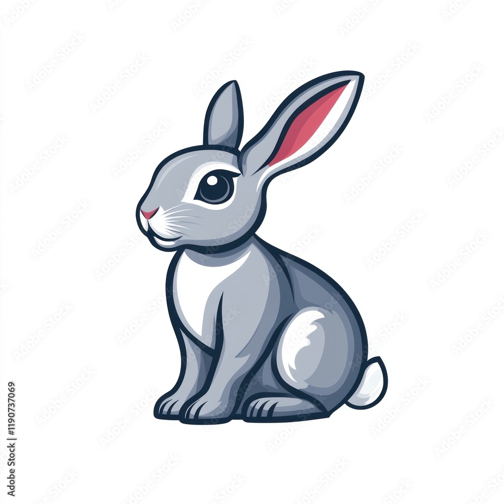 Obraz premium Grey rabbit cartoon illustration, white background, children's book, logo