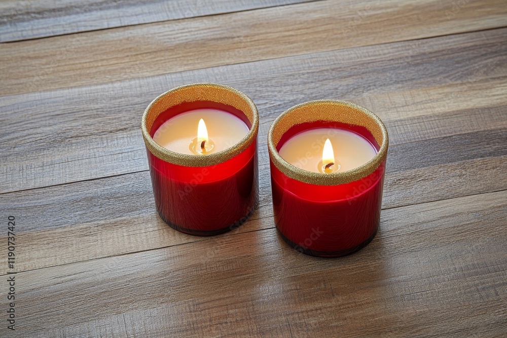Romantic Setting with Two Red Candles on Wooden Surface, Illuminating Warm Glow, Perfect for Relaxation, Ambiance, and Cozy Home Decor Ideas Romantic Setting with Two Red Candles on Wooden Surface, Illuminating Warm Glow, Perfect for Relaxation, Ambiance, and Cozy Home Decor Ideas