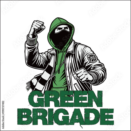illustration vector graphic of Football fans ultras hooligan wear green hoodie with green white scarf design for logo, t-shirt, etc