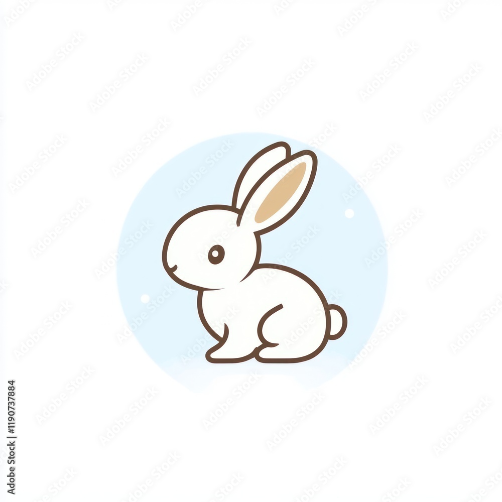 Cute white bunny sits, light blue circle background, digital illustration, children's book Cute white bunny sits, light blue circle background, digital illustration, children's book