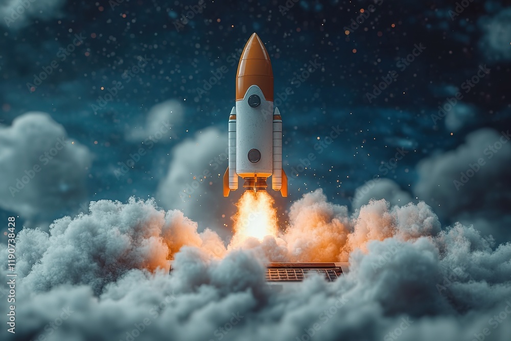 Fototapeta premium Blast Off! Cartoon Rocket Launching from Laptop Screen, Digital Startup Explosion, Innovation Concept Illustration fun 