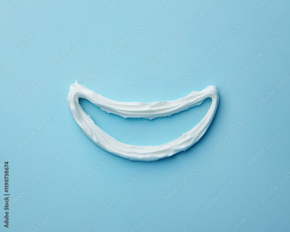 Whimsical smile created from toothpaste strokes on blue background Whimsical smile created from toothpaste strokes on blue background