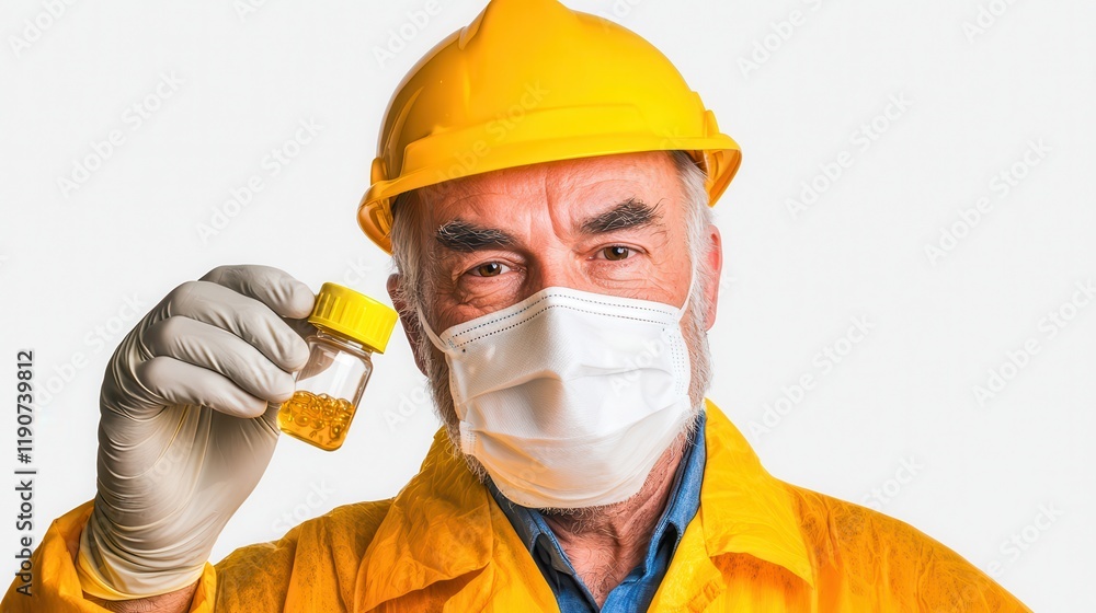 Senior Male Scientist in Yellow Hard Hat and Protective Gear Holding Sample Vial Senior Male Scientist in Yellow Hard Hat and Protective Gear Holding Sample Vial
