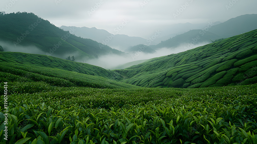 Fototapeta premium A serene Chinese tea plantation, with neatly arranged rows of lush green tea bushes and misty hills in the background, during a peaceful morning