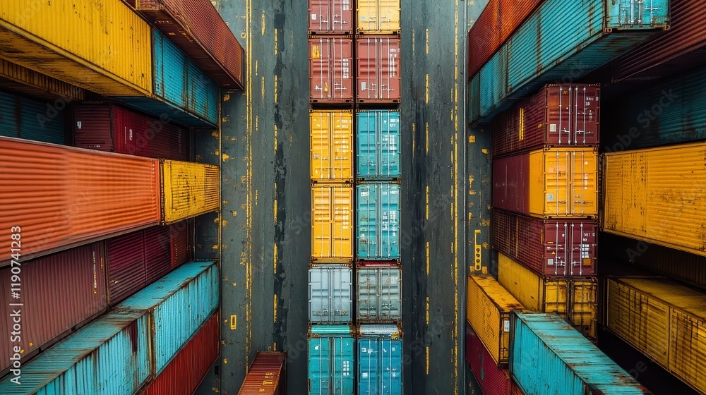 Fototapeta premium Aerial View of Colorful Shipping Containers at a Port Global Logistics and Trade