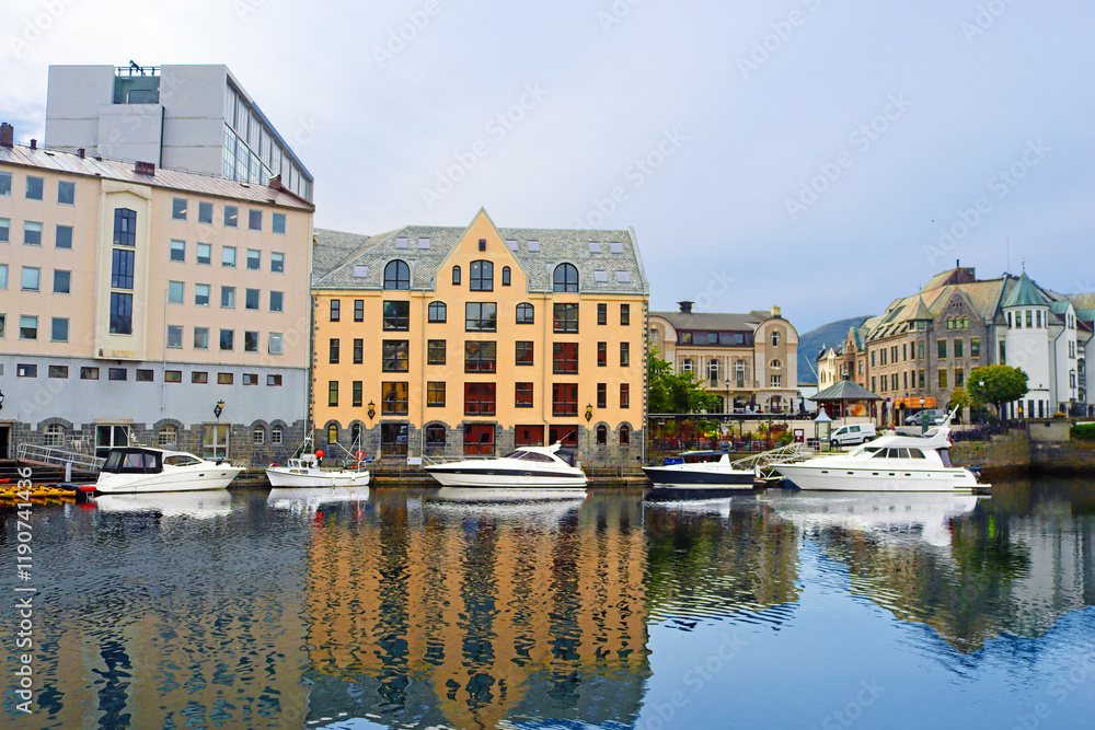 Fototapeta premium Alesund city on a summer day, Norway. View of colorful Art Nouveau architecture port
