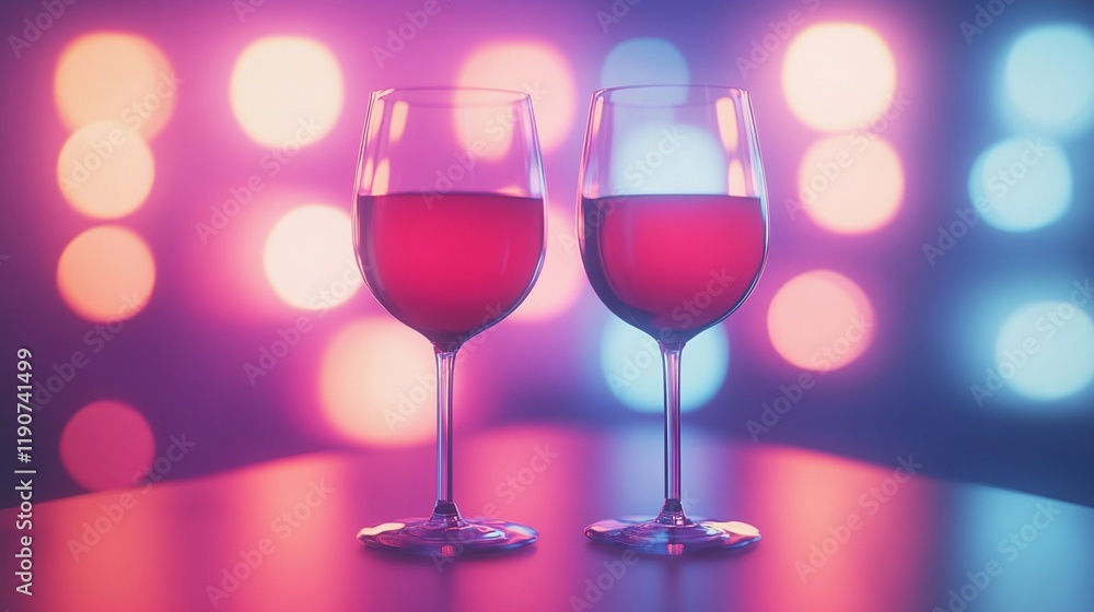Romantic blurred bokeh lights beside wine glasses, enhancing a soft and dreamy dining scene, style book illustration Romantic blurred bokeh lights beside wine glasses, enhancing a soft and dreamy dining scene, style book illustration