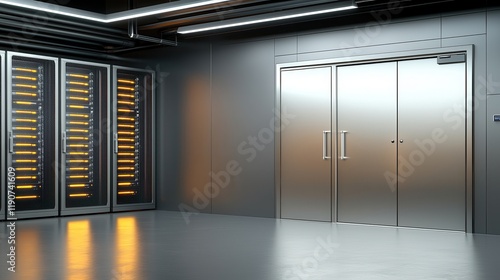 Modern Data Center Interior Server Racks and Steel Doors in a Secure Facility
