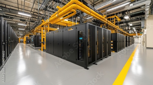 Modern Data Center Server Room with Yellow Piping and Polished Floor