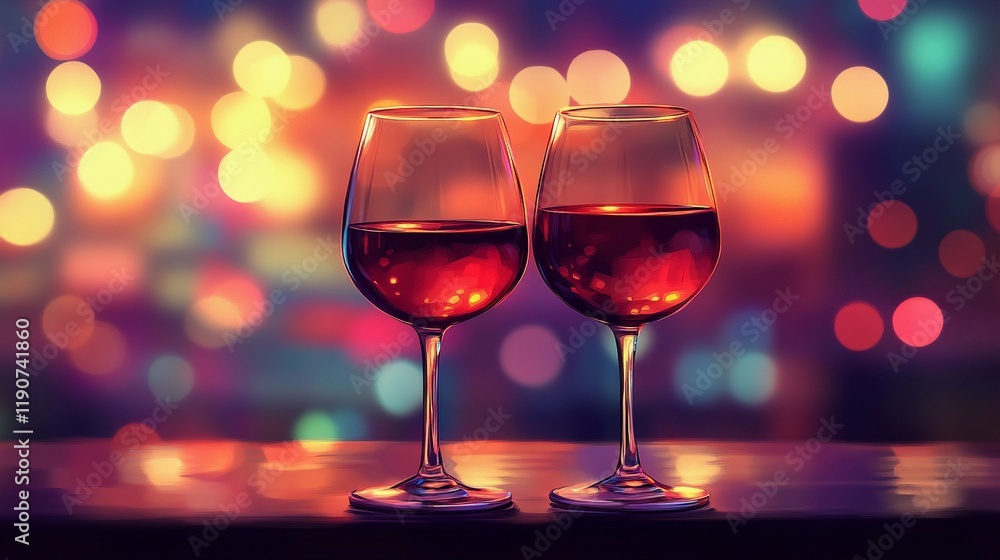 Romantic blurred bokeh lights beside wine glasses, enhancing a soft and dreamy dining scene, style book illustration Romantic blurred bokeh lights beside wine glasses, enhancing a soft and dreamy dining scene, style book illustration