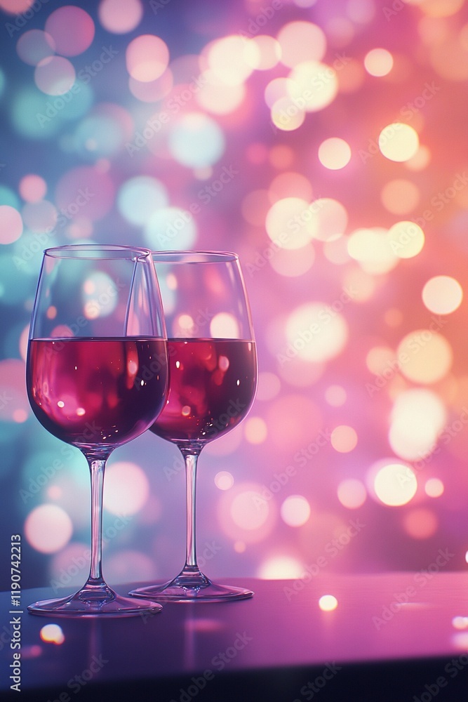 Glowing side bokeh lights softly illuminating wine glasses, capturing a cozy and warm atmosphere, style book illustration Glowing side bokeh lights softly illuminating wine glasses, capturing a cozy and warm atmosphere, style book illustration