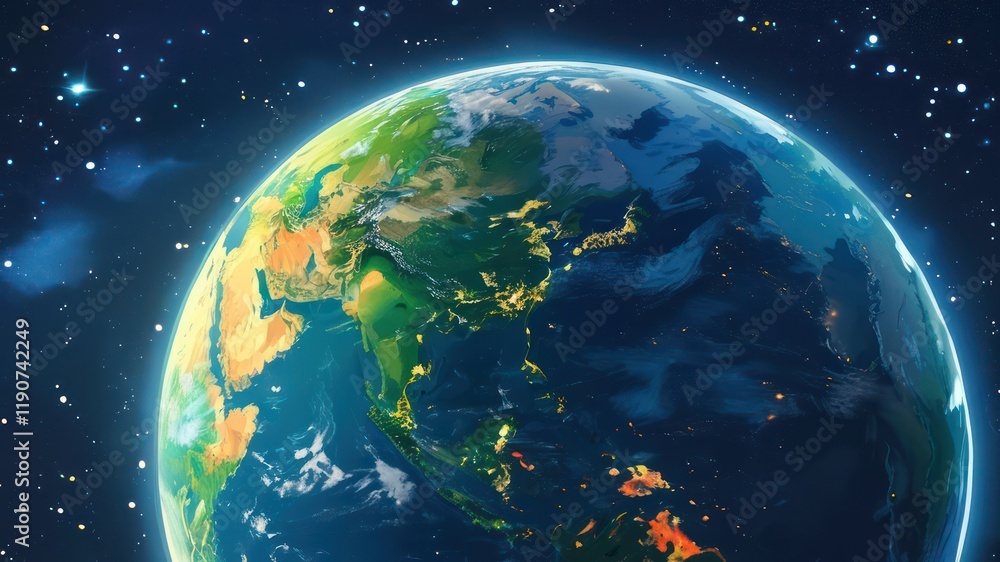 Fototapeta premium Vibrant depiction of Earth showcasing continents and oceans against a cosmic backdrop
