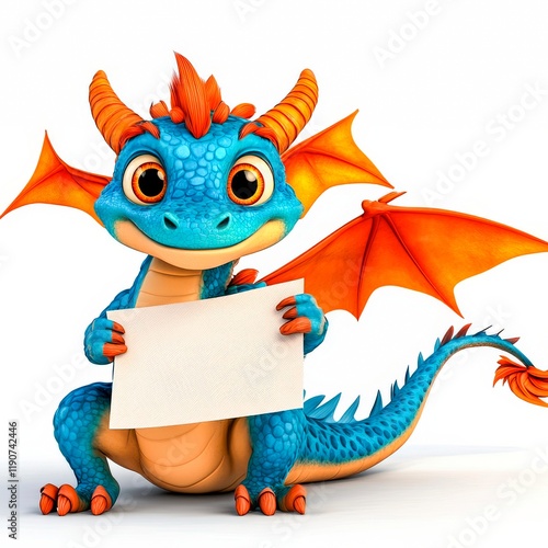 Quirky dragon with surprised expression holds a blank sign in a playful and colorful setting