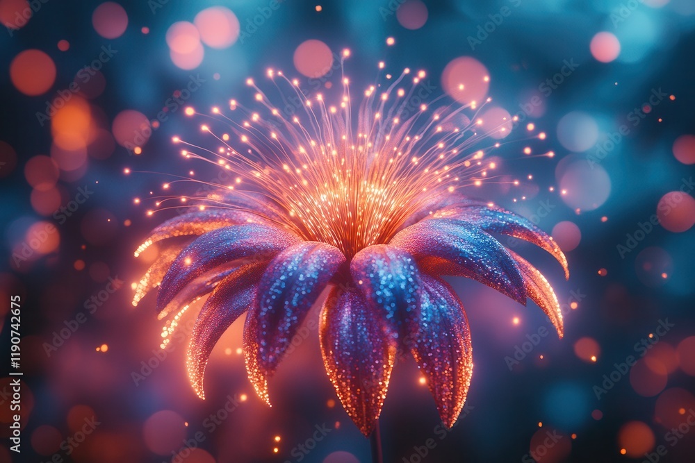 Vibrant flower with glowing petals surrounded by sparkling bokeh lights at night Vibrant flower with glowing petals surrounded by sparkling bokeh lights at night