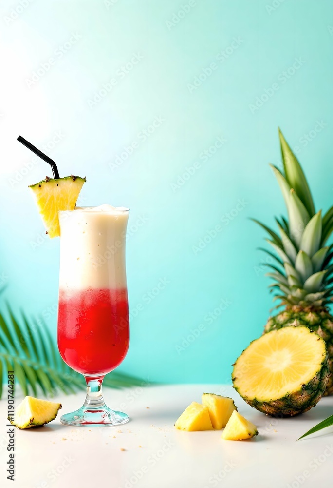 Fresh tropical cocktail with pineapple and red syrup on mint background. Summer drink garnished with fruit pieces. Refreshing beverage for beach party menu with copy space Fresh tropical cocktail with pineapple and red syrup on mint background. Summer drink garnished with fruit pieces. Refreshing beverage for beach party menu with copy space