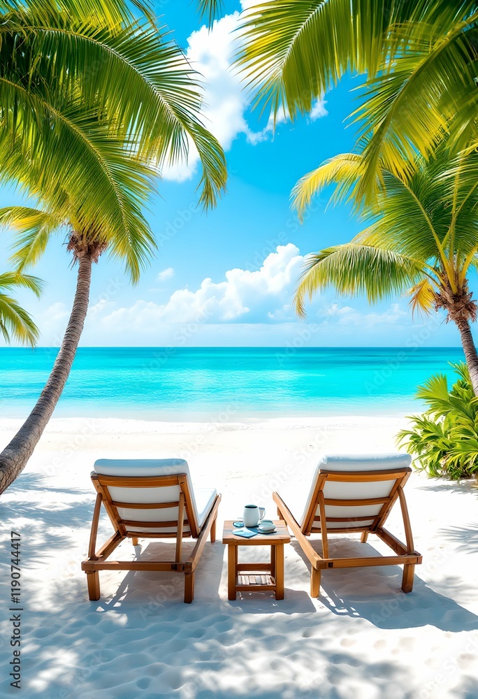Two wooden loungers on white sand beach with palm trees. Tropical paradise vacation spot. Luxury Caribbean resort relaxation area. Summer holiday destination with turquoise ocean view