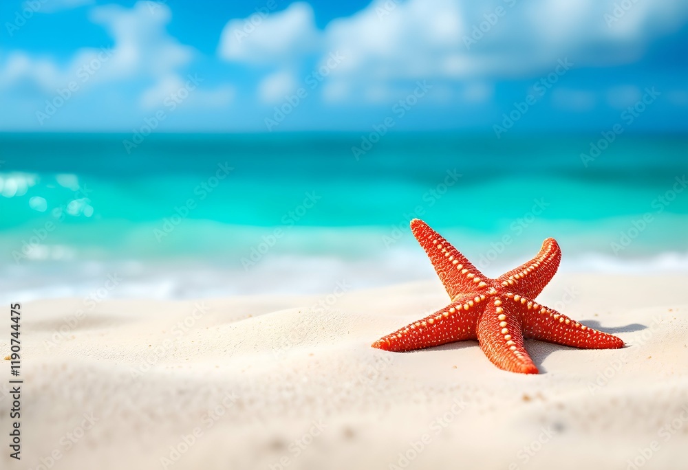 Orange starfish on white sandy beach with turquoise ocean waves and blue sky. Tropical paradise vacation background. Summer beach nature scene with copy space Orange starfish on white sandy beach with turquoise ocean waves and blue sky. Tropical paradise vacation background. Summer beach nature scene with copy space