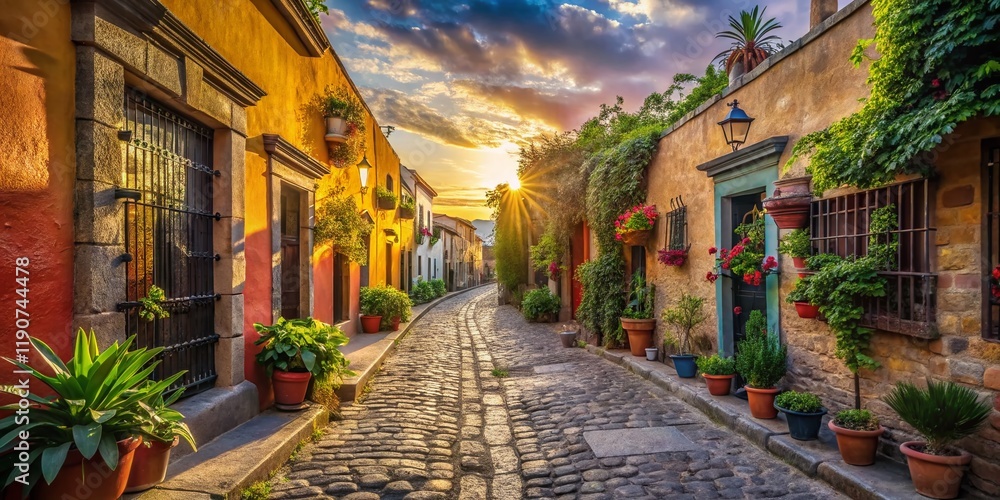 Real de 14: Ancient Mexican Street, Cobblestone Road, Colonial Architecture, Historic Town, Daytime Sunlight Real de 14: Ancient Mexican Street, Cobblestone Road, Colonial Architecture, Historic Town, Daytime Sunlight