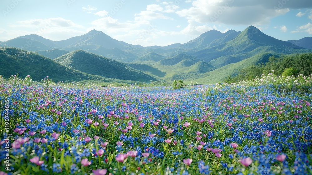 A vibrant field of flowers with mountains in the background under a blue sky. A vibrant field of flowers with mountains in the background under a blue sky.