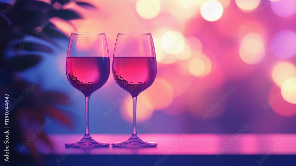 Glowing side bokeh lights softly illuminating wine glasses, capturing a cozy and warm atmosphere, style book illustration Glowing side bokeh lights softly illuminating wine glasses, capturing a cozy and warm atmosphere, style book illustration