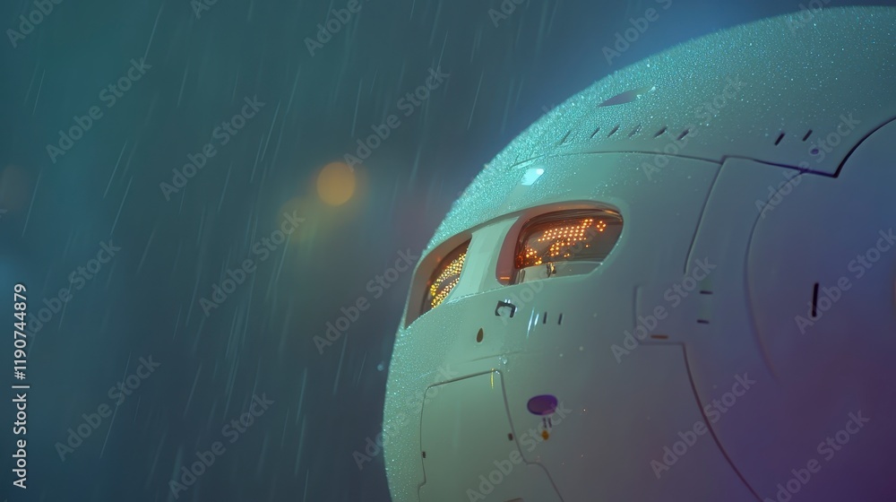 Fototapeta premium Futuristic Spherical Robot in Rain City Lights Background Technological Innovation
