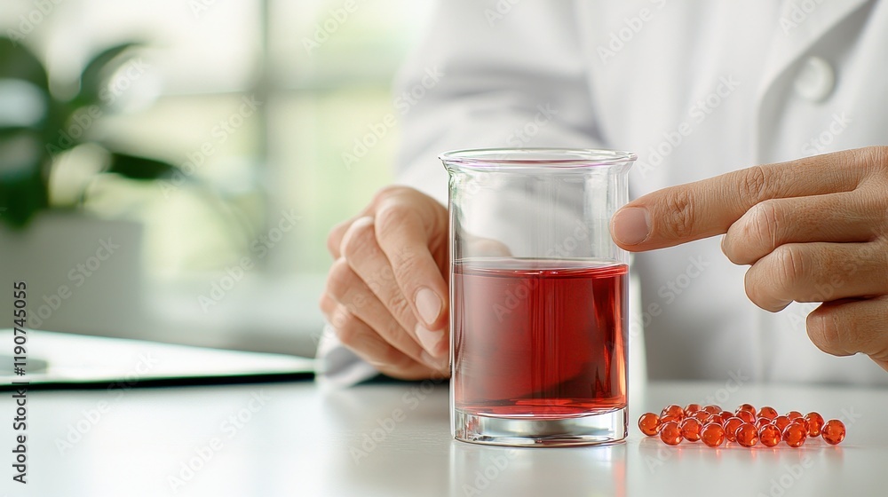 Scientist Examining Red Liquid Sample with Capsules in Lab Scientist Examining Red Liquid Sample with Capsules in Lab