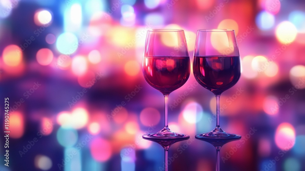 Soft blurred bokeh lights glowing beside elegant wine glasses, creating a romantic and intimate ambiance, style book illustration Soft blurred bokeh lights glowing beside elegant wine glasses, creating a romantic and intimate ambiance, style book illustration