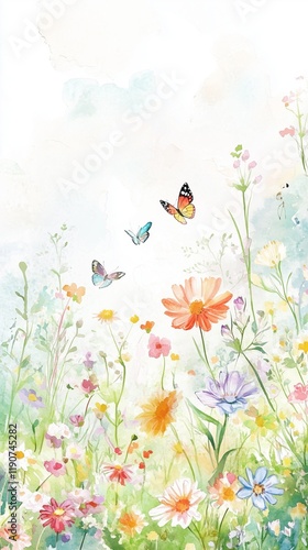 Ethereal watercolor illustration of a dreamy meadow with colorful wildflowers and butterflies, high-quality, ethereal allure, nature's symphony