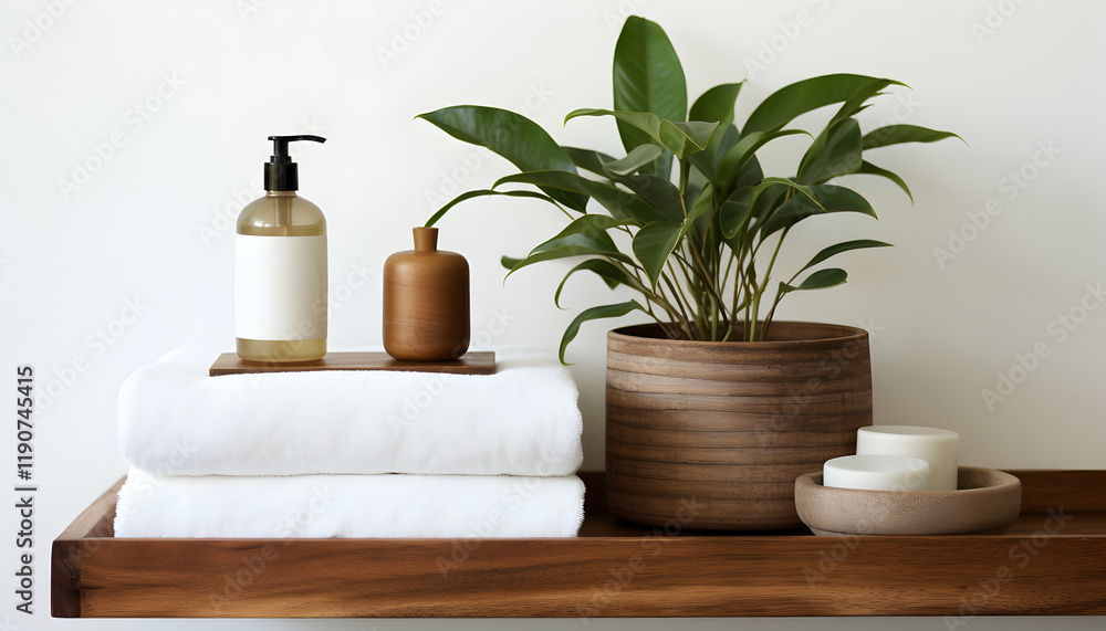 Luxurious bathroom setting with wooden accents, featuring fluffy towels, a plant, soap dispenser, and soap bars. Relaxing spa-like atmosphere. Luxurious bathroom setting with wooden accents, featuring fluffy towels, a plant, soap dispenser, and soap bars. Relaxing spa-like atmosphere.