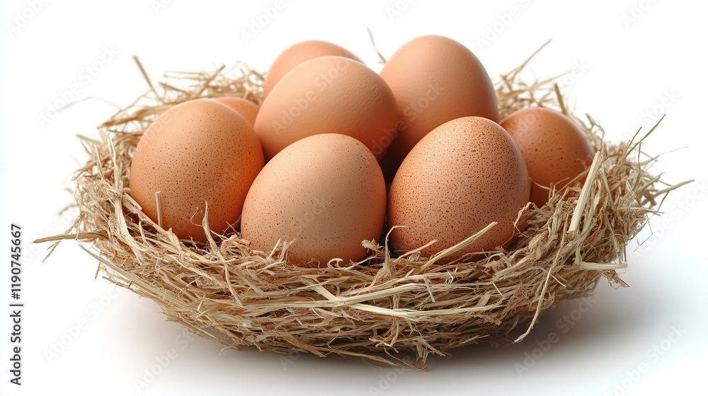 Chicken eggs in a rustic nest on a minimalistic background Chicken eggs in a rustic nest on a minimalistic background