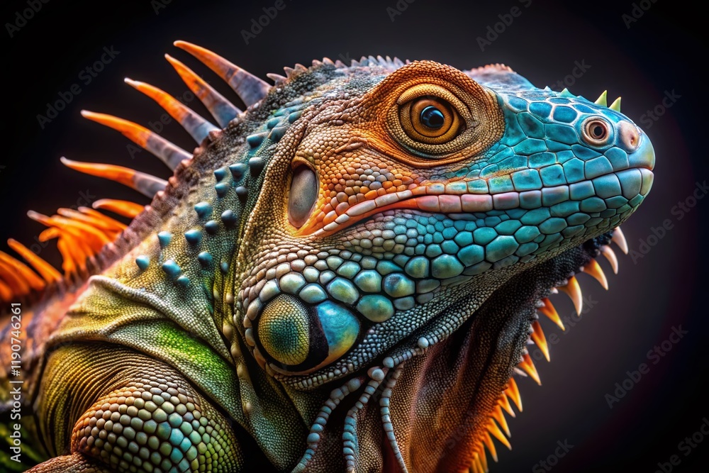 Fototapeta premium Fashion Photography: Stylish Iguana Posing Against Black Background