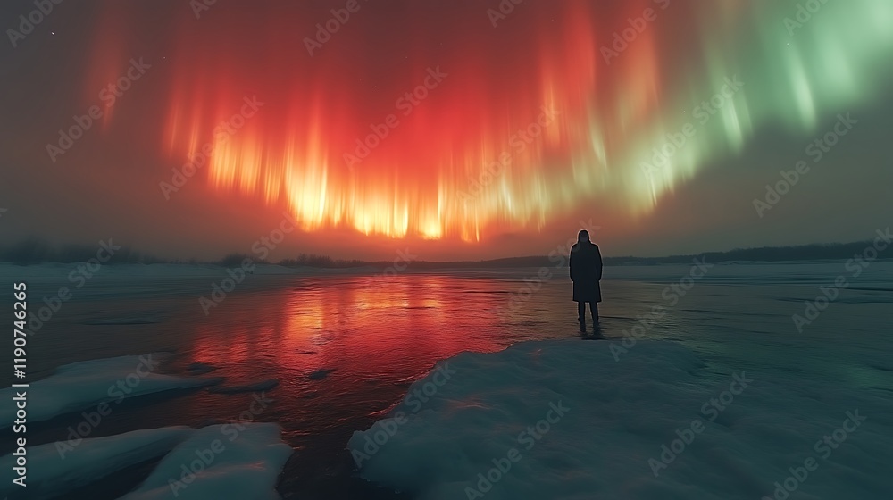 Person silhouetted against fiery aurora borealis reflected in icy river. Person silhouetted against fiery aurora borealis reflected in icy river.