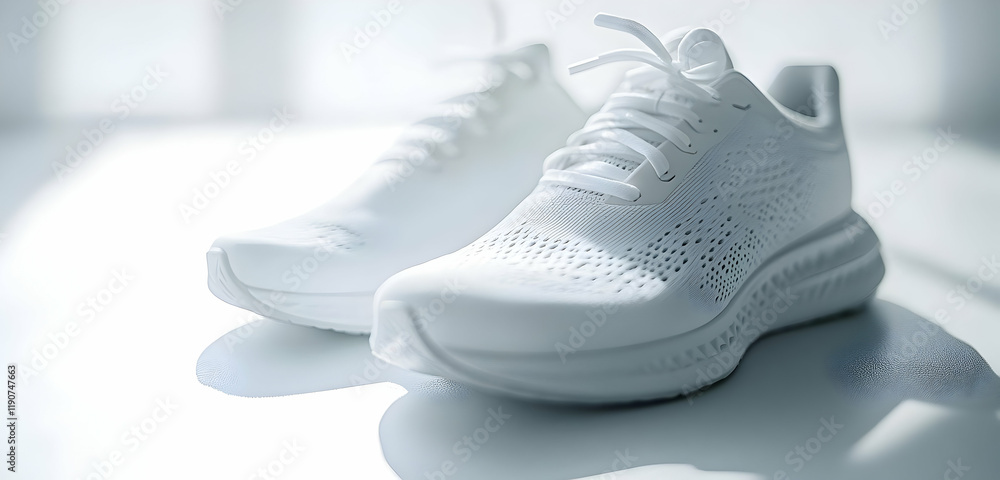 Bright white running shoes with developing laces, shown on a clean surface, designed for flexibility and comfort for those on the move. Bright white running shoes with developing laces, shown on a clean surface, designed for flexibility and comfort for those on the move.