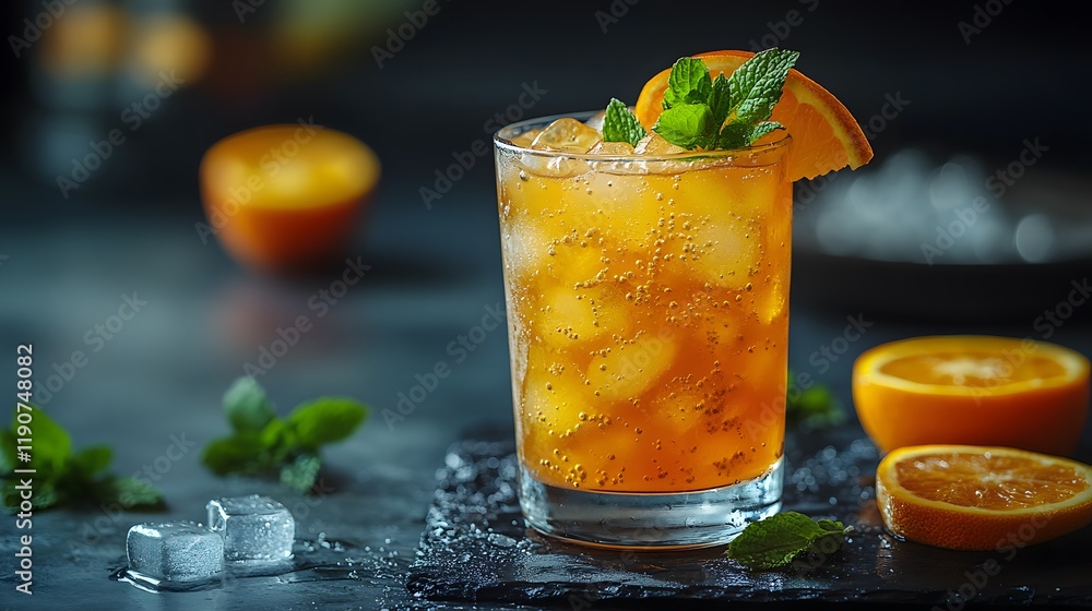 Delicious tropical drink in a tall glass with ice, mint, and citrus slices on a clean bar top Delicious tropical drink in a tall glass with ice, mint, and citrus slices on a clean bar top